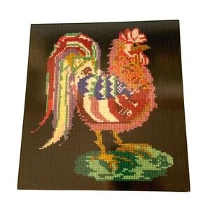 Vintage Rooster Multicolor Needlepoint Framed Wall Art 12" x 12" Retro Kitsch
